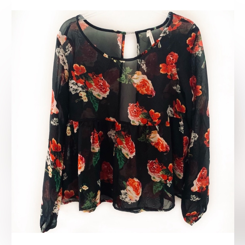 Truth size large Black Sheer top with Red Floral Print roses
